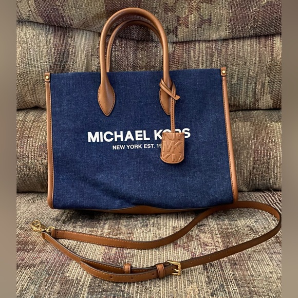 Michael Kors Handbags - Michael Kors blue and brown logo-print canvas tote.